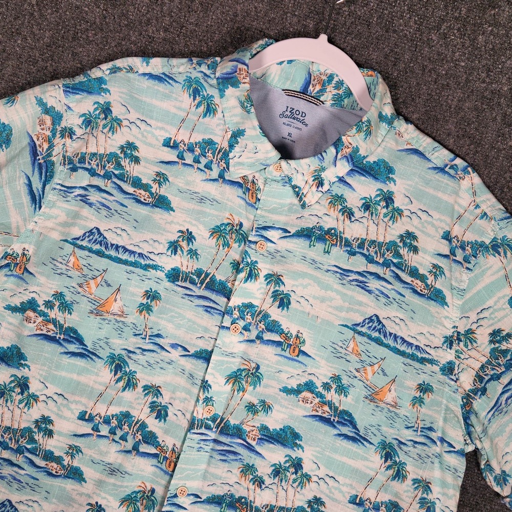 IZOD Shirt Mens XL Blue Hawaiian Aloha Scenic Print Short Sleeve Button Up
